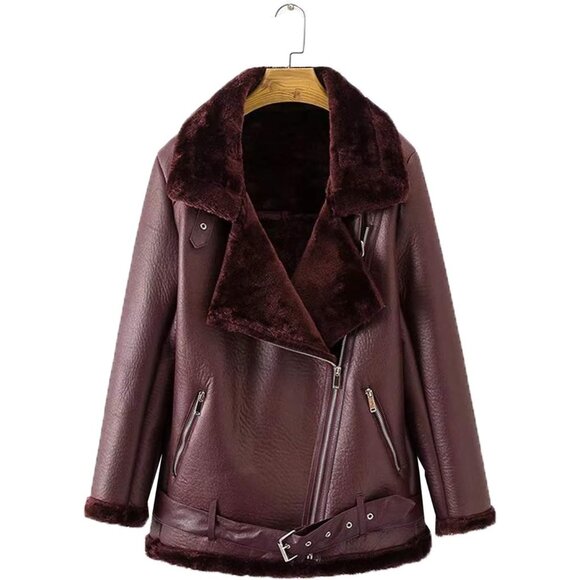 Women Wine Red Faux Shearling Moto Jacket Thick Lined Winter Leather Coat - Picture 5 of 6
